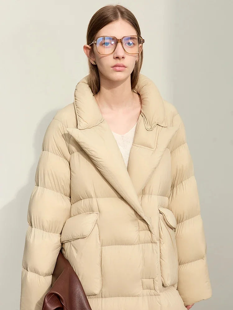 Women's White Duck Down Long Jacket - Winter Blazer Style Coat