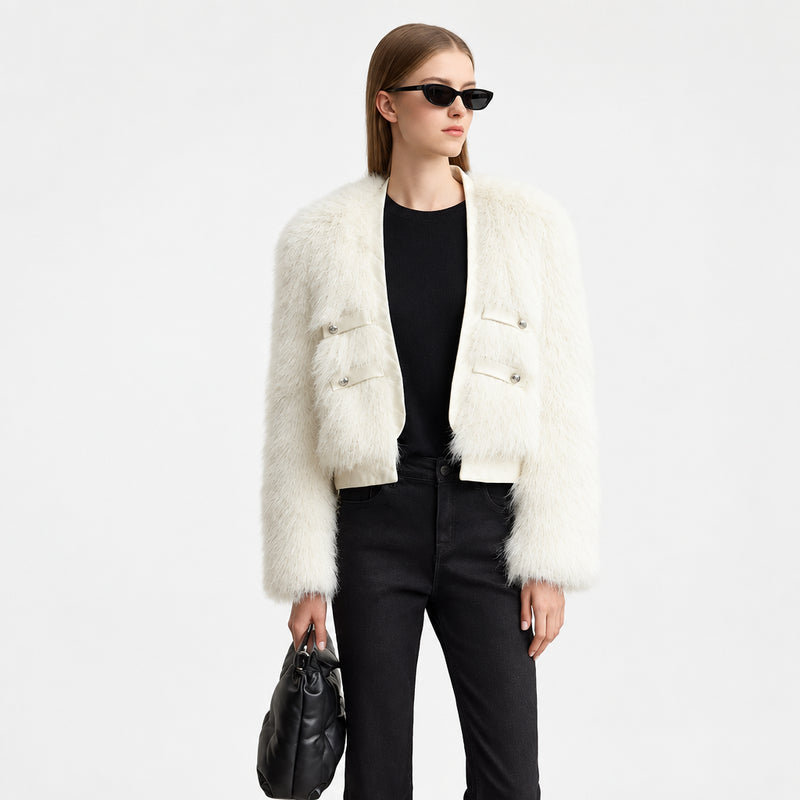 Women's V-Neck Faux Fur Jacket - Modern PU Spliced Winter Coat