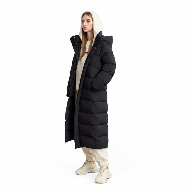 Women's Long Down Jacket - Minimalist Winter Parka with Hood