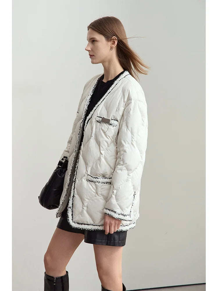 Women's V-Neck Mid-Length Down Jacket | Minimalist Winter Outerwear
