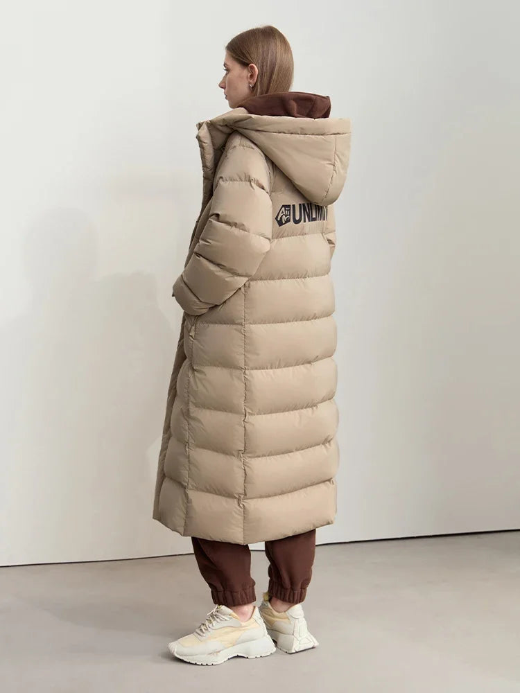 Women's Long Down Jacket - Minimalist Winter Parka with Hood