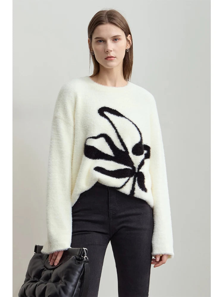 Women's O-Neck Jacquard Pullover Sweater - Warm Loose Winter Top