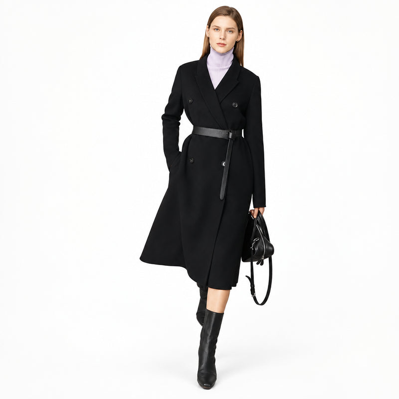 Women's 100% Wool Double-Breasted Long Coat - Elegant French Style
