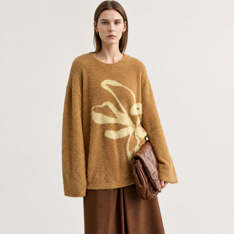 Women's O-Neck Jacquard Pullover Sweater - Warm Loose Winter Top
