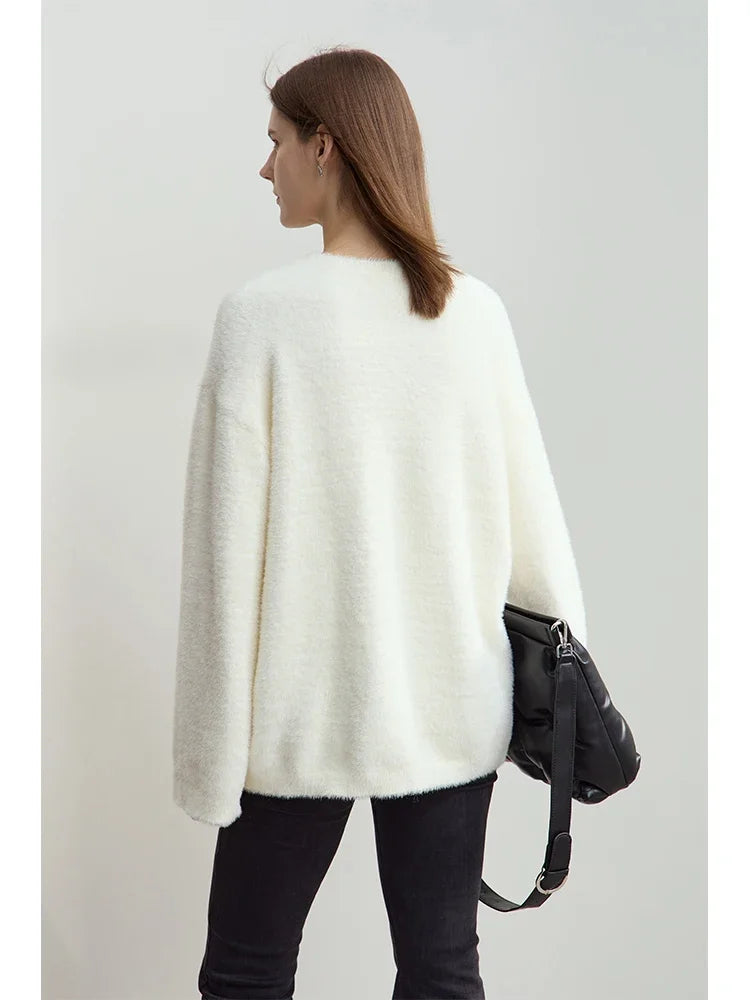Women's O-Neck Jacquard Pullover Sweater - Warm Loose Winter Top