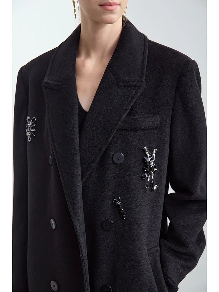 Women's Shoulder Padded Tweed Jacket | Long Embellished Winter Coat