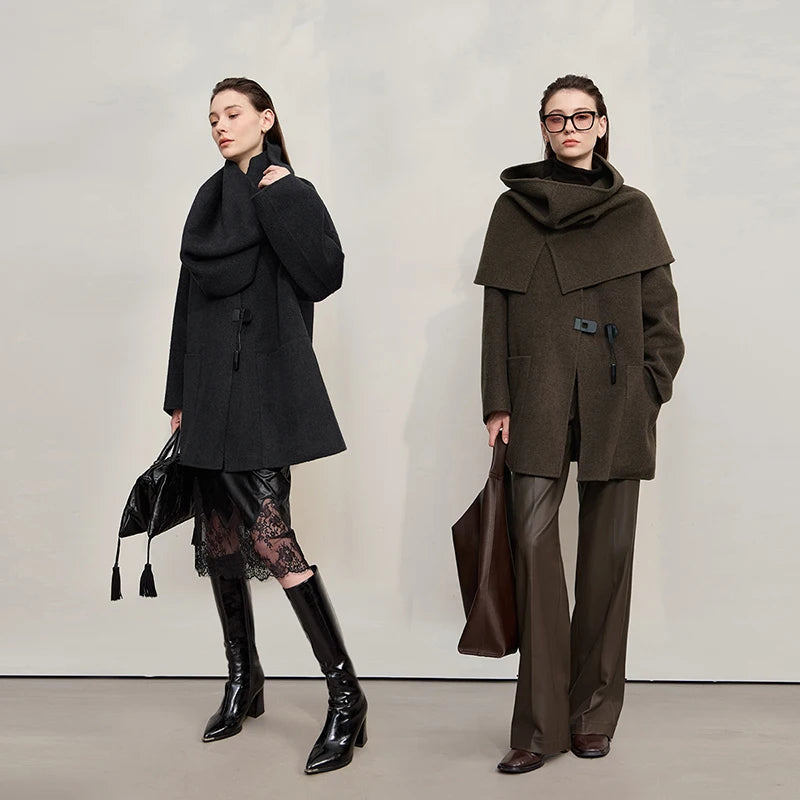 Women's Woolen V-Neck Winter Coat - Loose Fit Warm Jacket