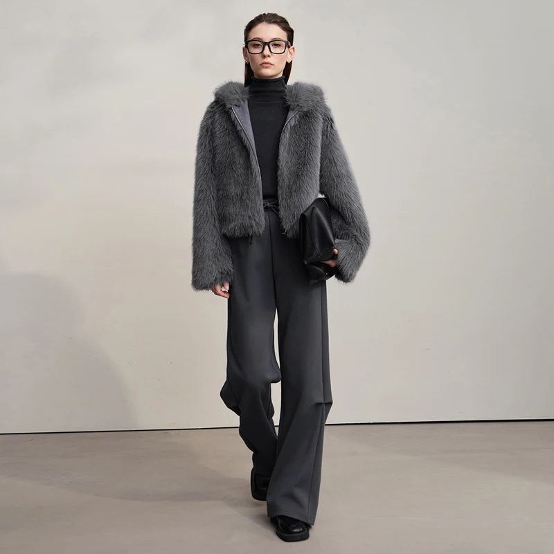 Women's Hooded Faux Fur Coat - Elegant Winter Outerwear