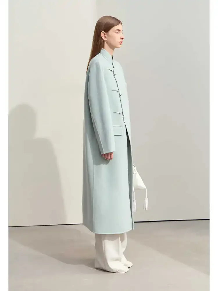 Women's 100% Wool Long Coat - Minimalist Chinese Style Winter Jacket