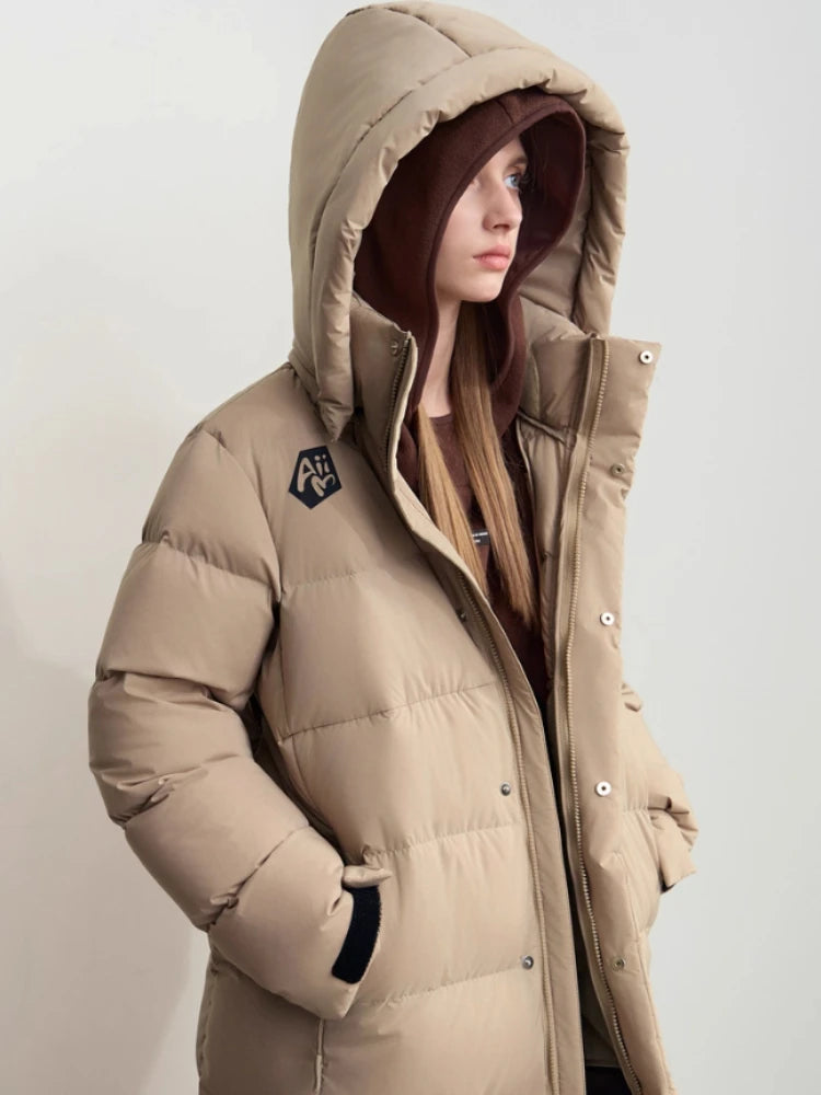 Women's Long Down Jacket - Minimalist Winter Parka with Hood