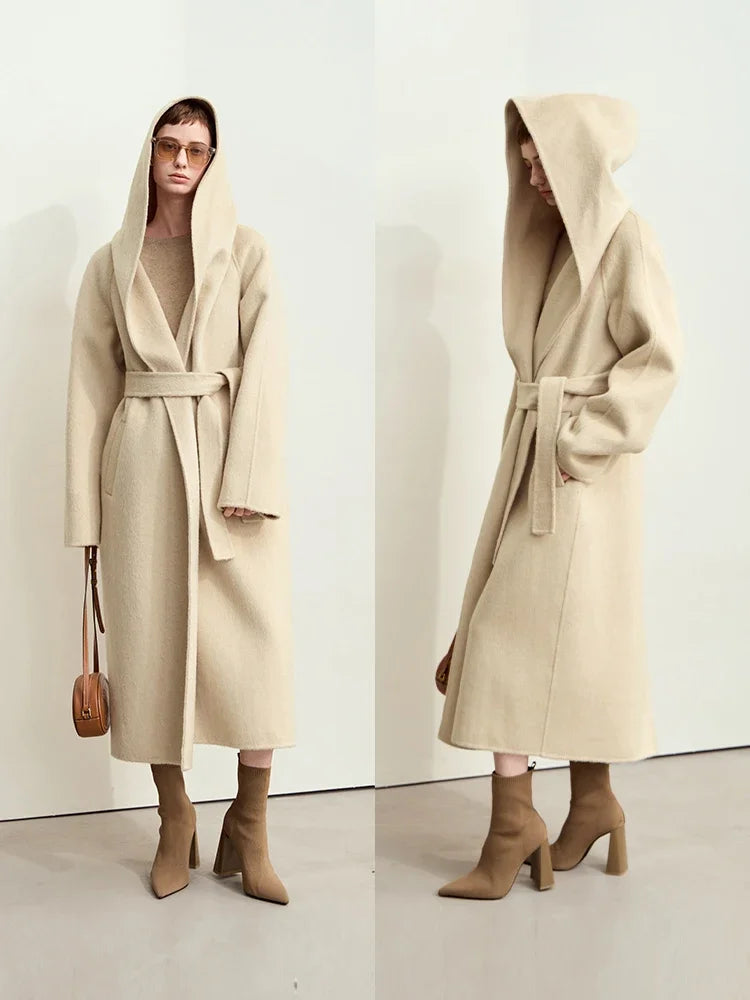 Women's Hooded Wool Duplex Coat - Minimalist Winter Commuter Jacket