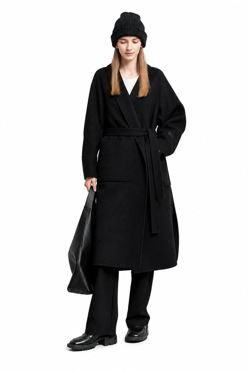 Minimalist Double-Sided Woolen Coat | V-Neck Belted Winter Wrap