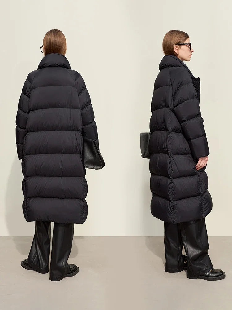 Women's White Duck Down Long Jacket - Winter Blazer Style Coat
