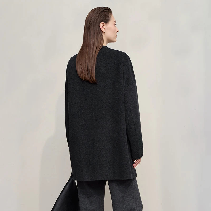 Women's Woolen V-Neck Winter Coat - Loose Fit Warm Jacket