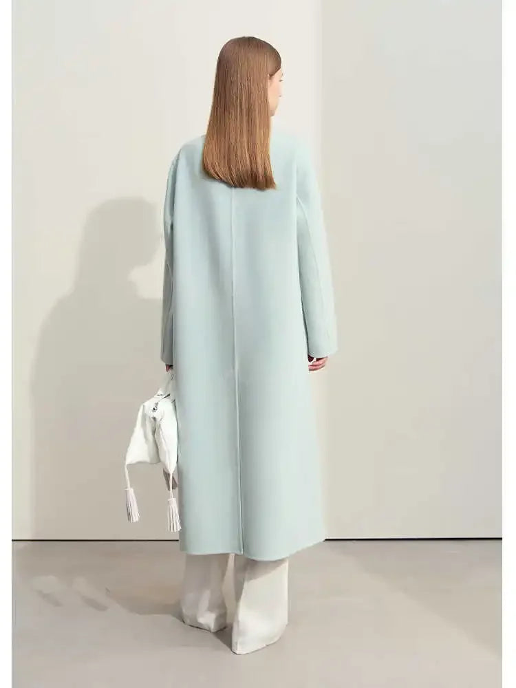 Women's 100% Wool Long Coat - Minimalist Chinese Style Winter Jacket