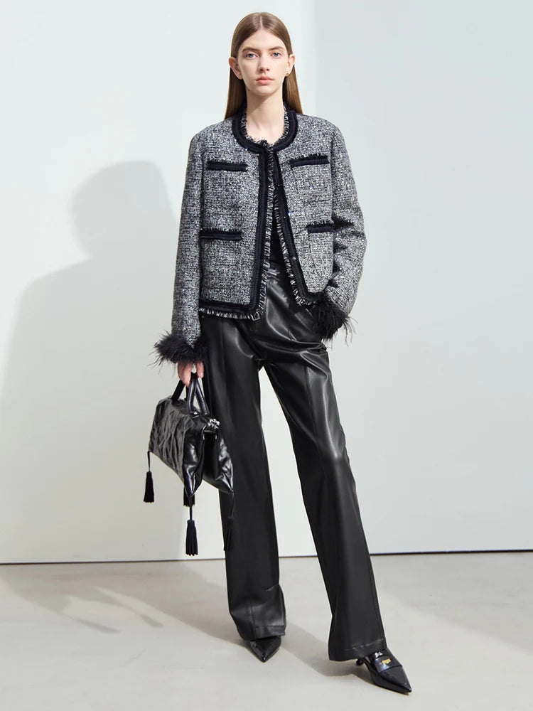 Women's Tweed Down Coat - Elegant Office Winter Jacket