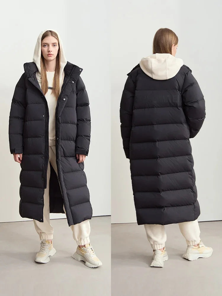 Women's Long Down Jacket - Minimalist Winter Parka with Hood