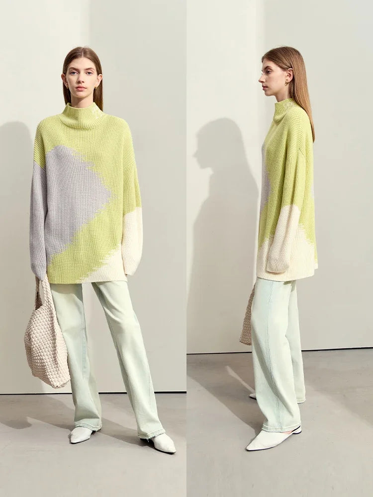 Women's Loose Turtleneck Sweater | Embroidered Knit Pullover