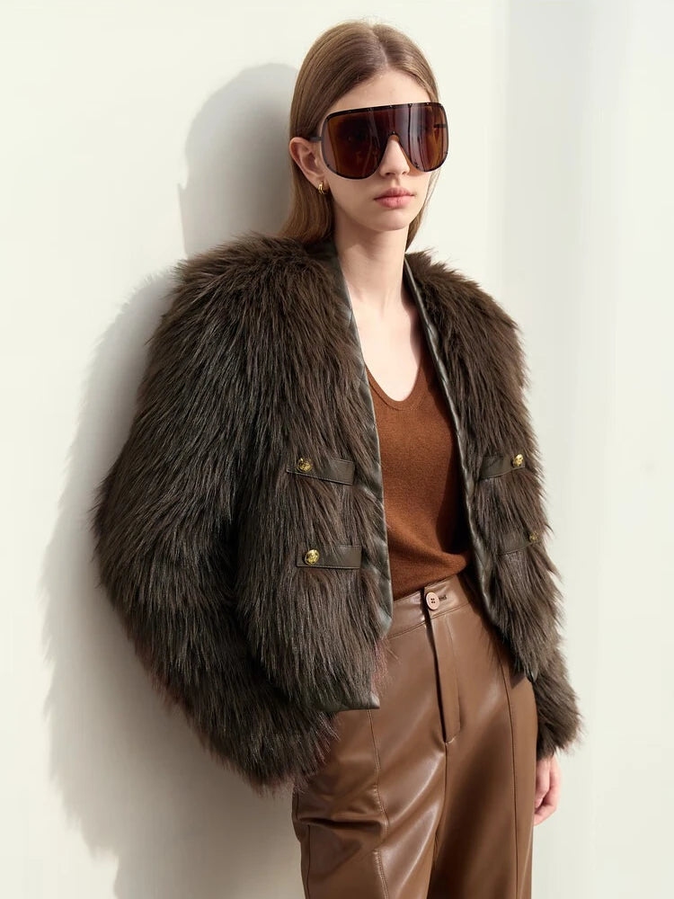 Women's V-Neck Faux Fur Jacket - Modern PU Spliced Winter Coat