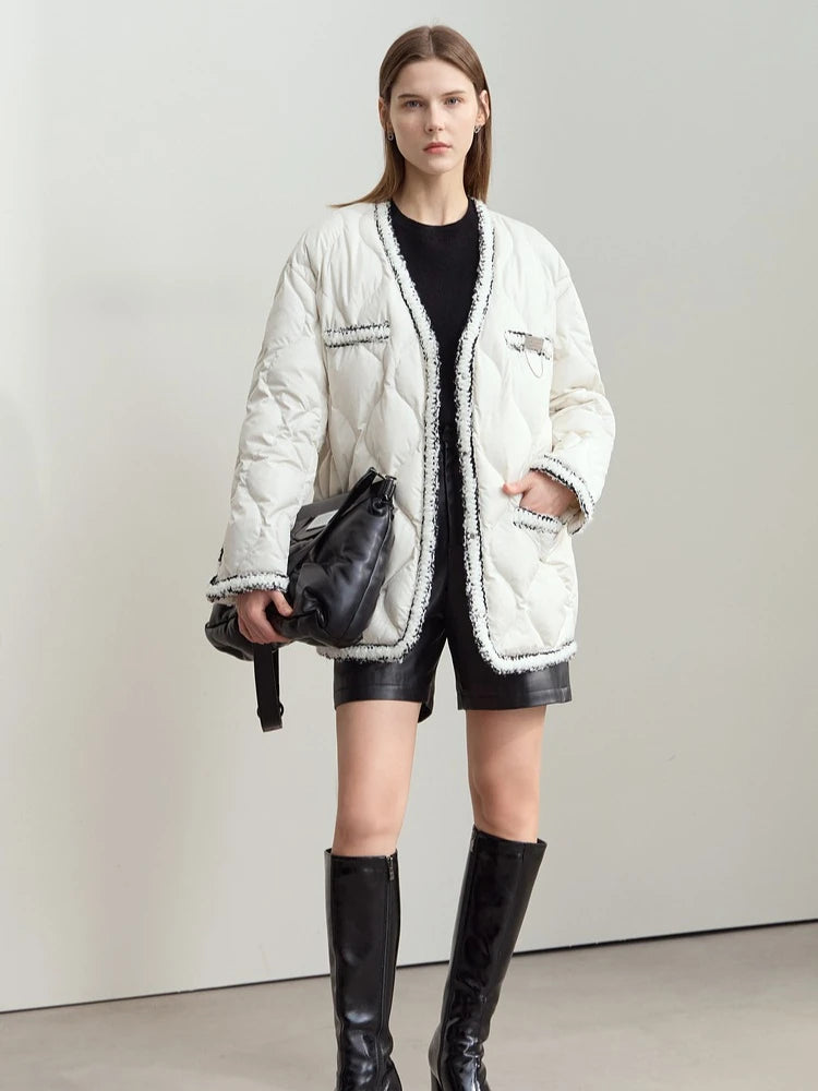 Women's V-Neck Mid-Length Down Jacket | Minimalist Winter Outerwear