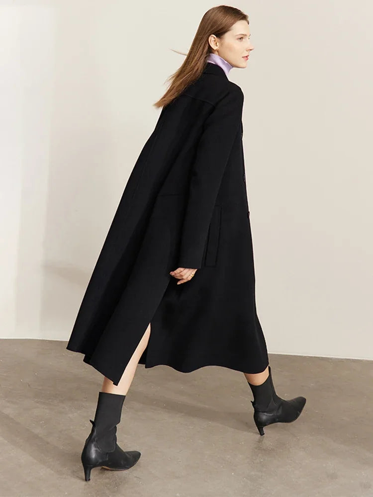 Women's 100% Wool Double-Breasted Long Coat - Elegant French Style