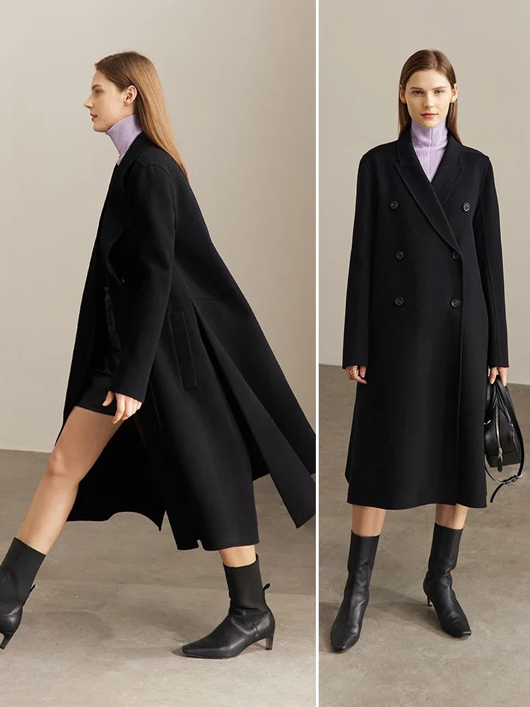 Women's 100% Wool Double-Breasted Long Coat - Elegant French Style