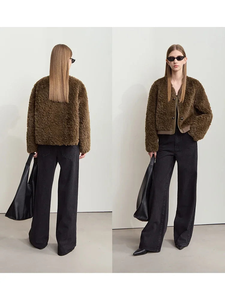 Women's V-Neck Granular Fleece Plush Jacket - Commuter Winter Coat