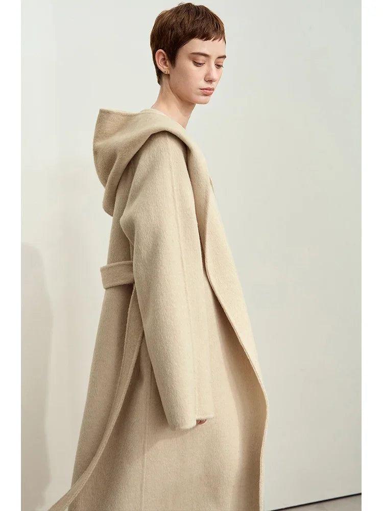 Women's Hooded Wool Duplex Coat - Minimalist Winter Commuter Jacket