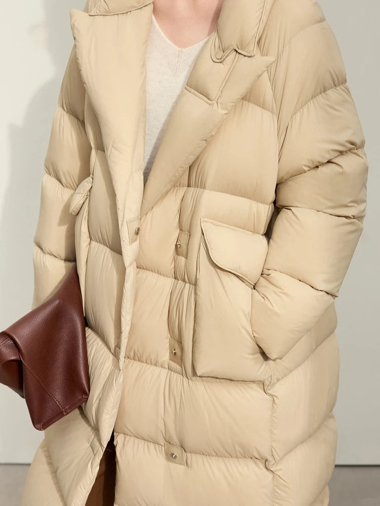 Women's White Duck Down Long Jacket - Winter Blazer Style Coat