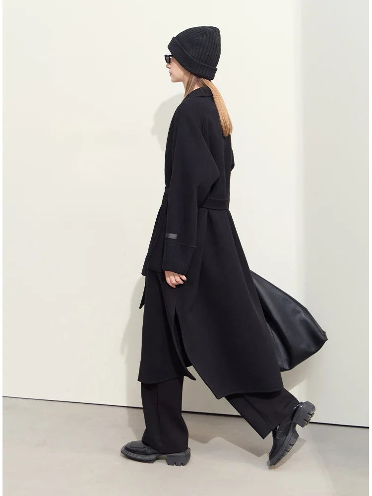 Minimalist Double-Sided Woolen Coat | V-Neck Belted Winter Wrap