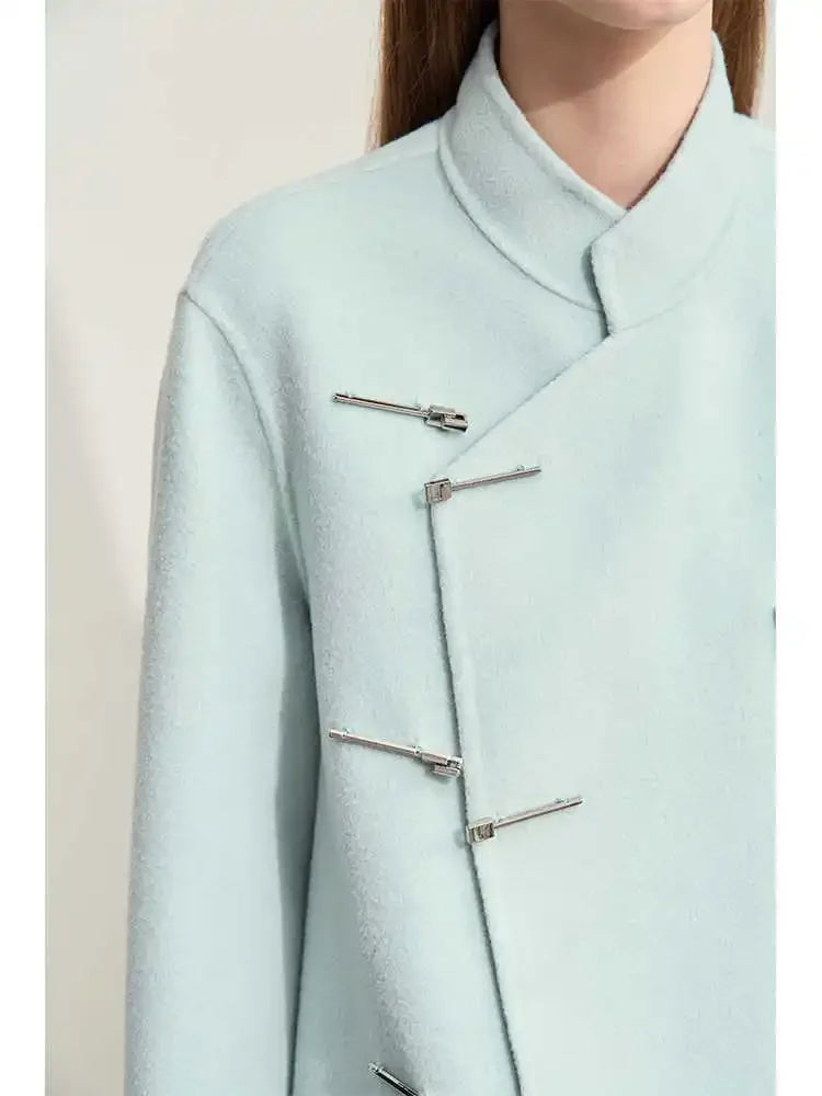 Women's 100% Wool Long Coat - Minimalist Chinese Style Winter Jacket