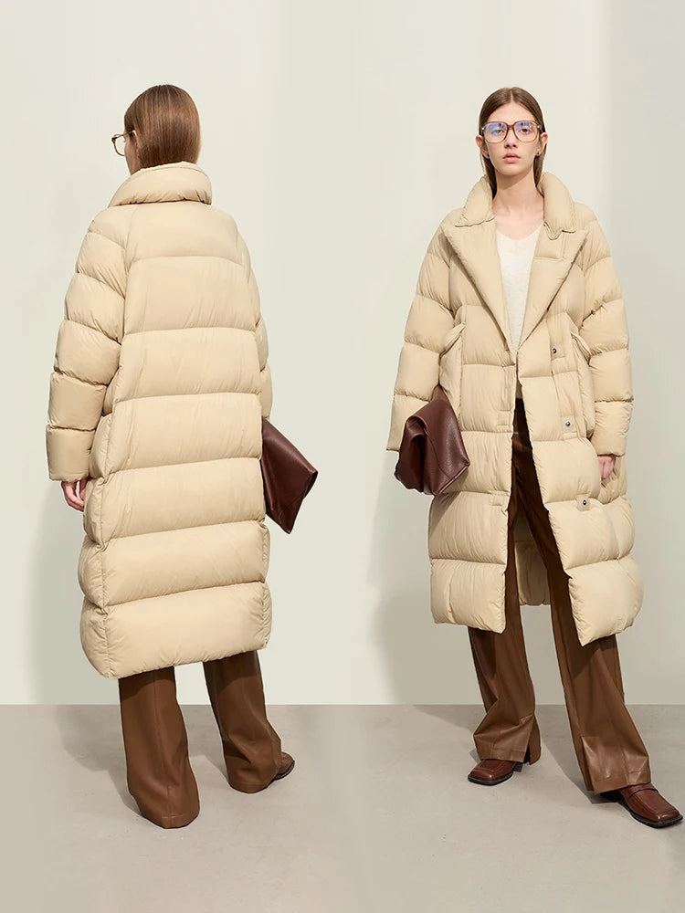 Women's White Duck Down Long Jacket - Winter Blazer Style Coat