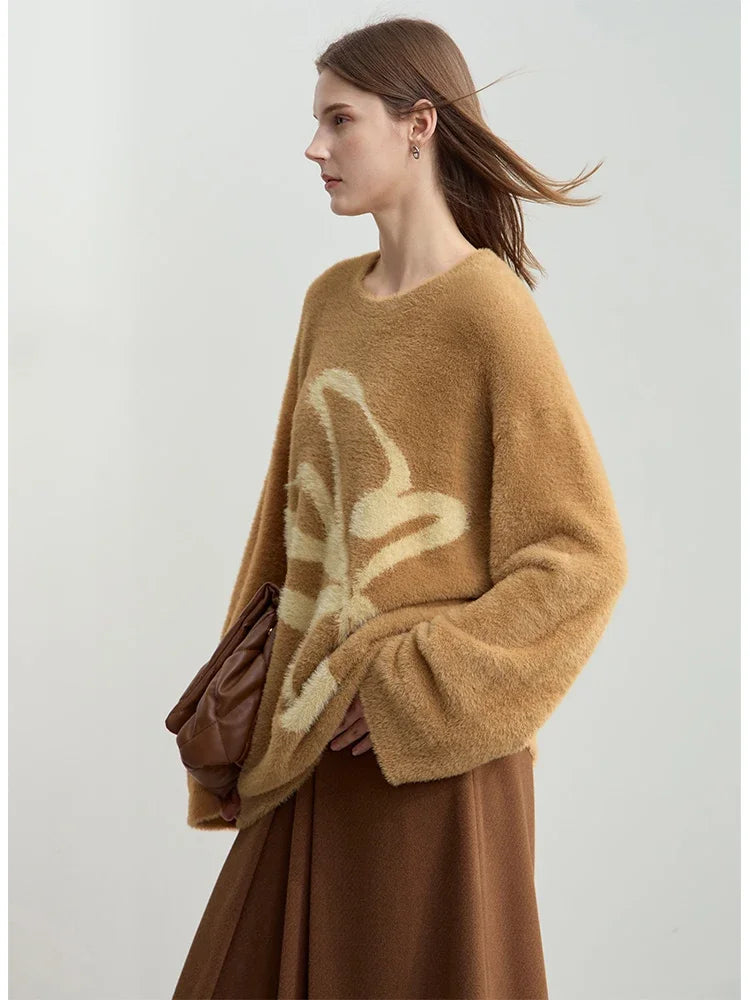 Women's O-Neck Jacquard Pullover Sweater - Warm Loose Winter Top