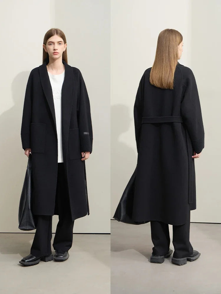 Minimalist Double-Sided Woolen Coat | V-Neck Belted Winter Wrap