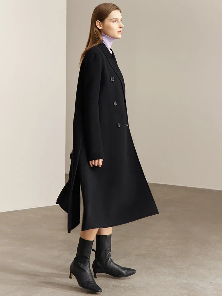 Women's 100% Wool Double-Breasted Long Coat - Elegant French Style
