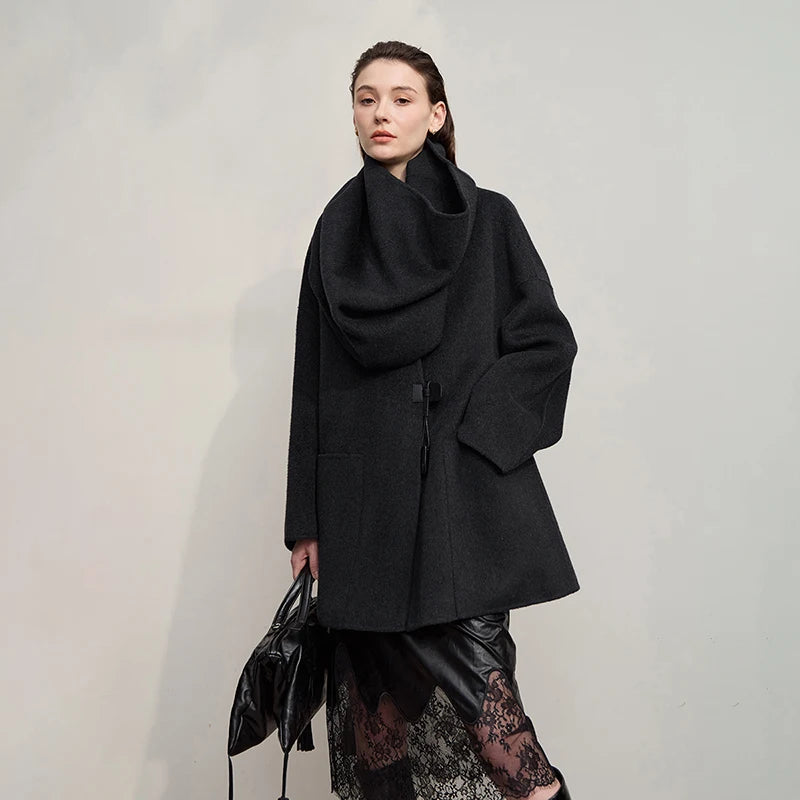 Women's Woolen V-Neck Winter Coat - Loose Fit Warm Jacket