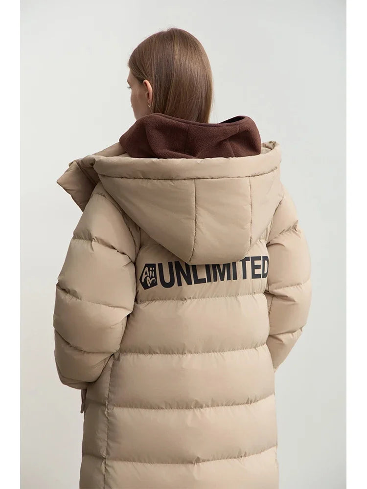 Women's Long Down Jacket - Minimalist Winter Parka with Hood
