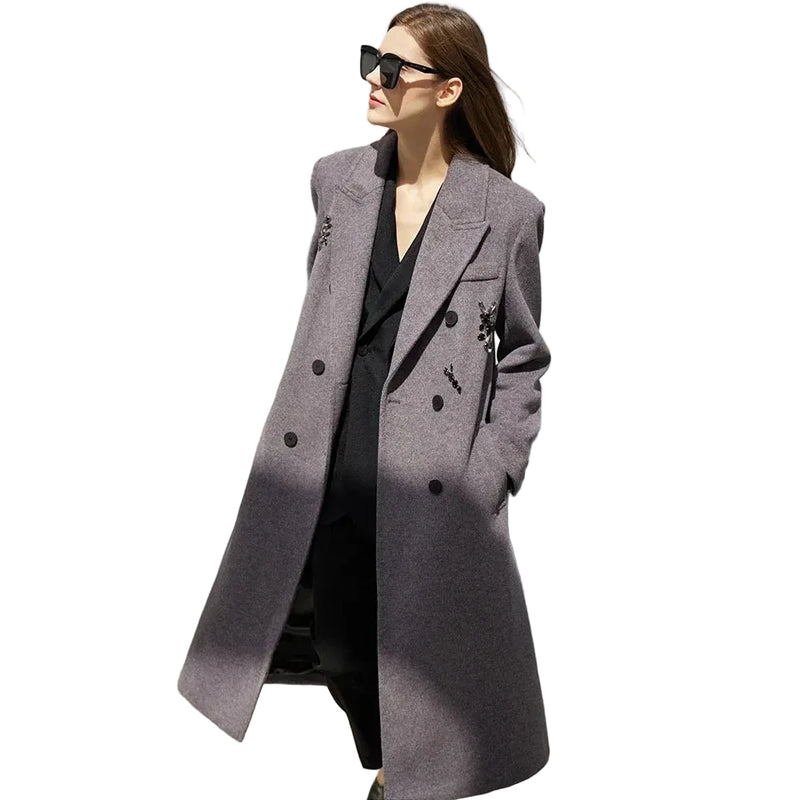 Women's Shoulder Padded Tweed Jacket | Long Embellished Winter Coat