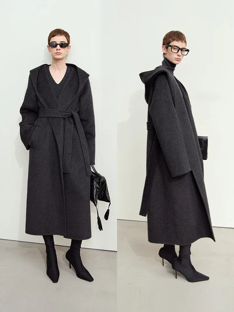 Women's Hooded Wool Duplex Coat - Minimalist Winter Commuter Jacket