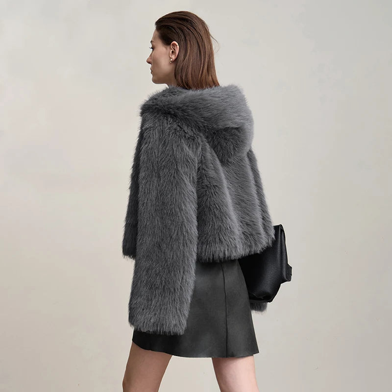 Women's Hooded Faux Fur Coat - Elegant Winter Outerwear