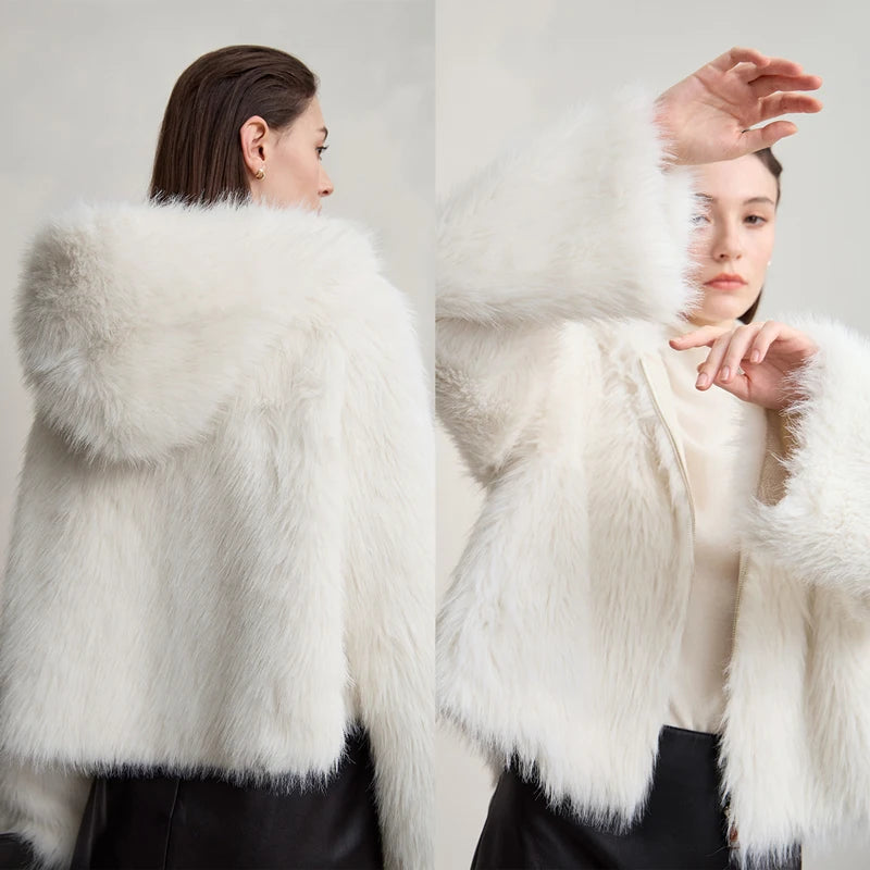 Women's Hooded Faux Fur Coat - Elegant Winter Outerwear