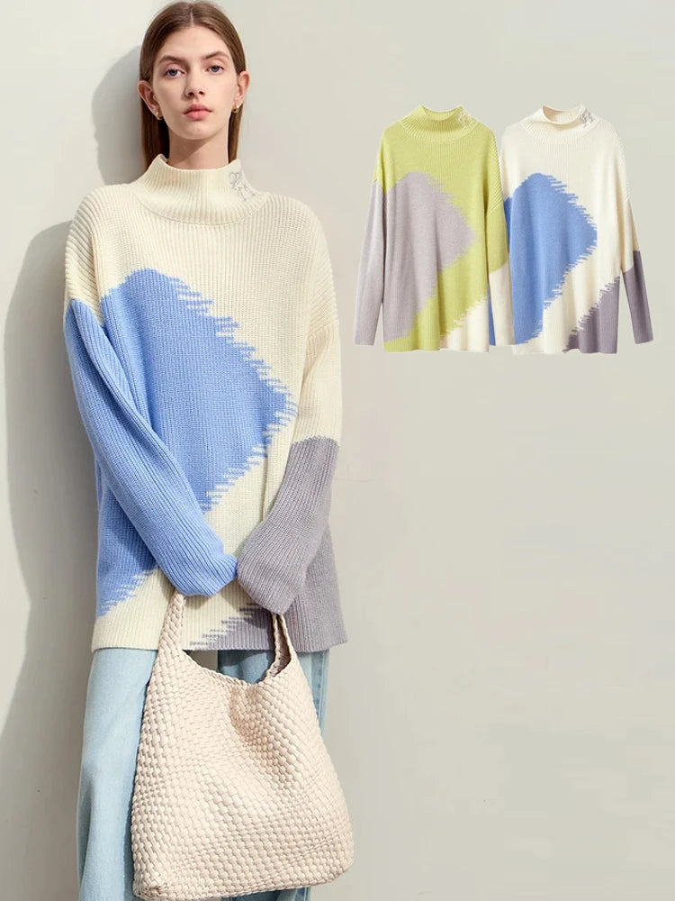 Women's Loose Turtleneck Sweater | Embroidered Knit Pullover