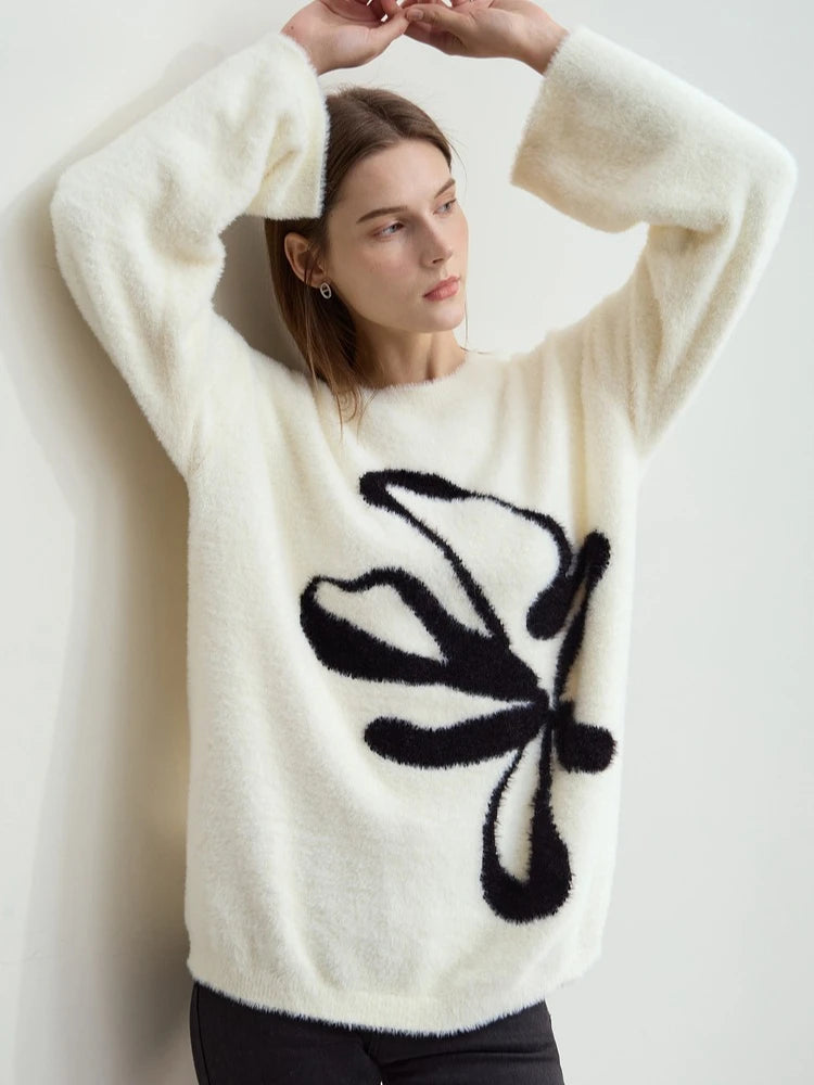 Women's O-Neck Jacquard Pullover Sweater - Warm Loose Winter Top