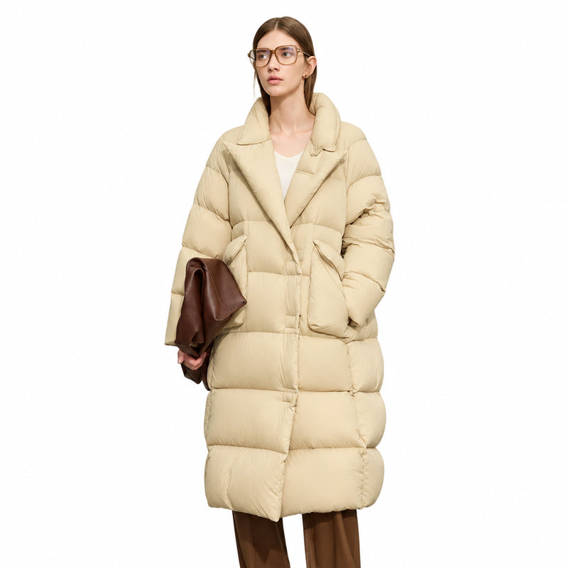 Women's White Duck Down Long Jacket - Winter Blazer Style Coat