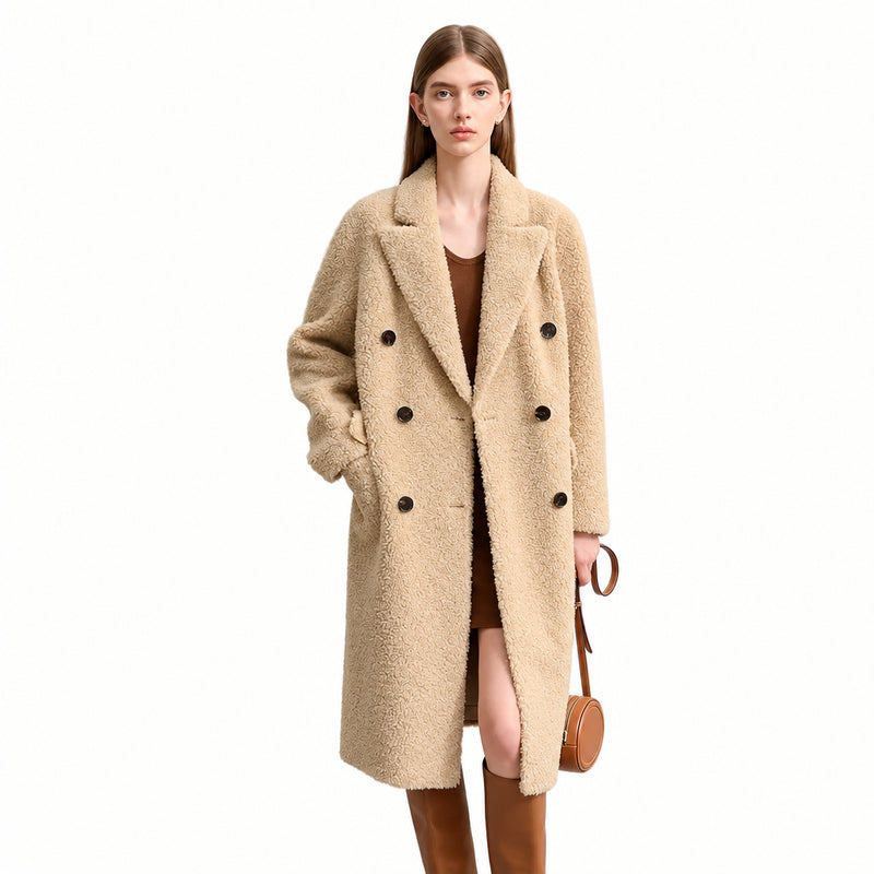 All-Wool Double-Breasted Winter Fur Coat - Minimalist Long Jacket