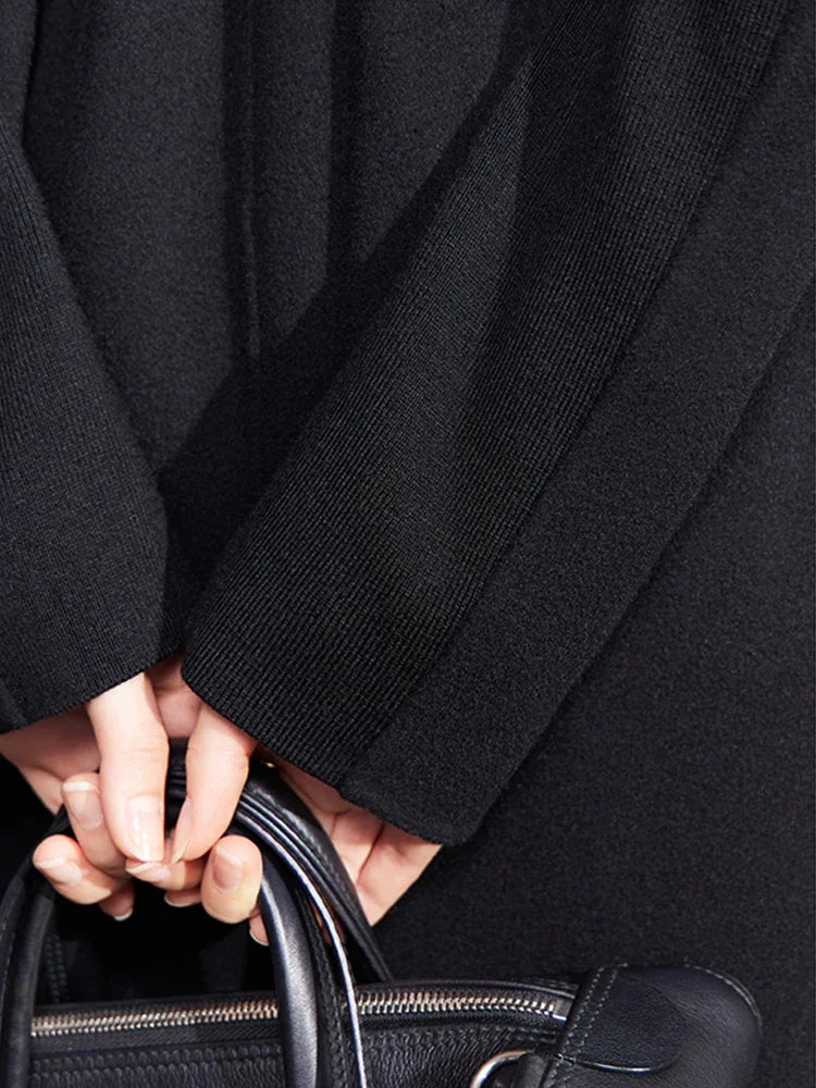 Women's 100% Wool Double-Breasted Long Coat - Elegant French Style
