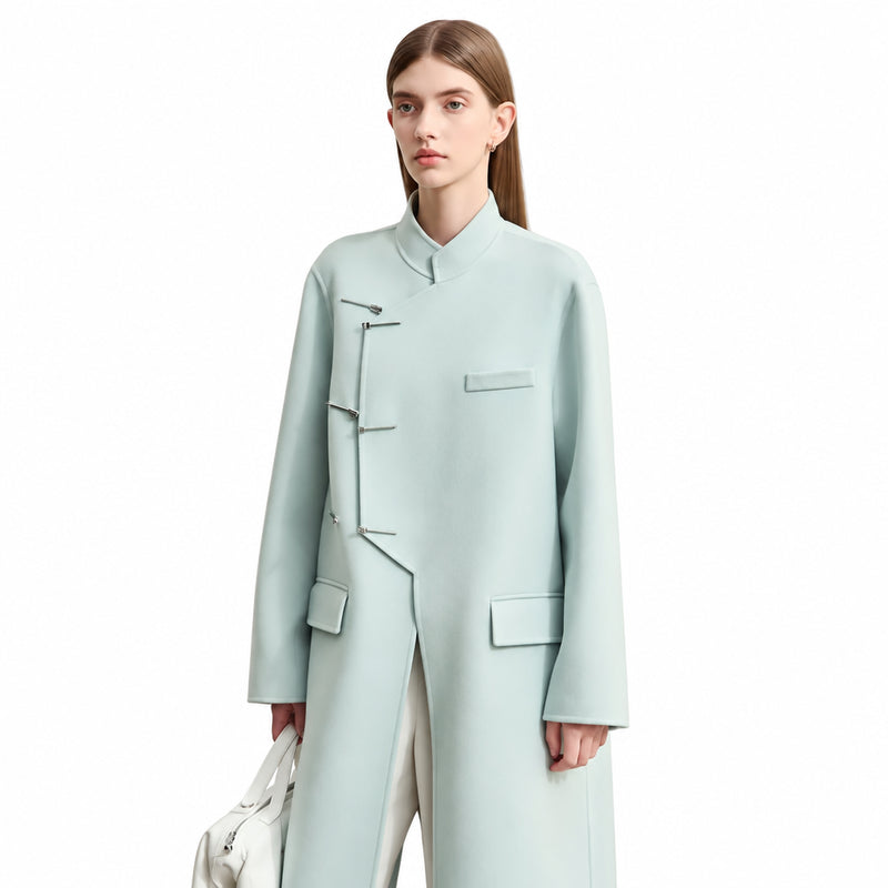 Women's 100% Wool Long Coat - Minimalist Chinese Style Winter Jacket