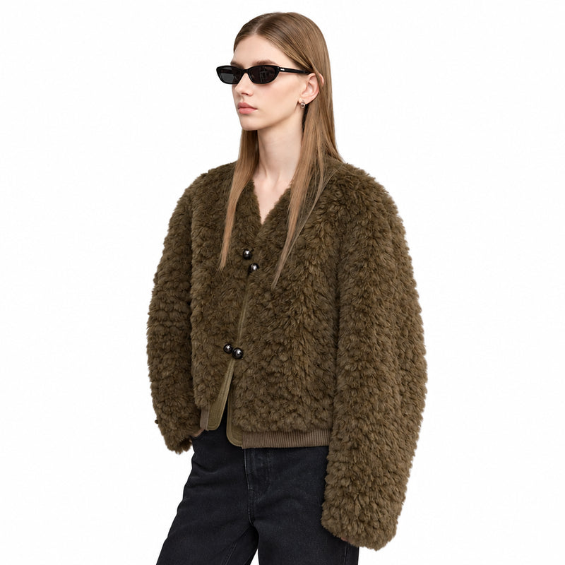 Women's V-Neck Granular Fleece Plush Jacket - Commuter Winter Coat