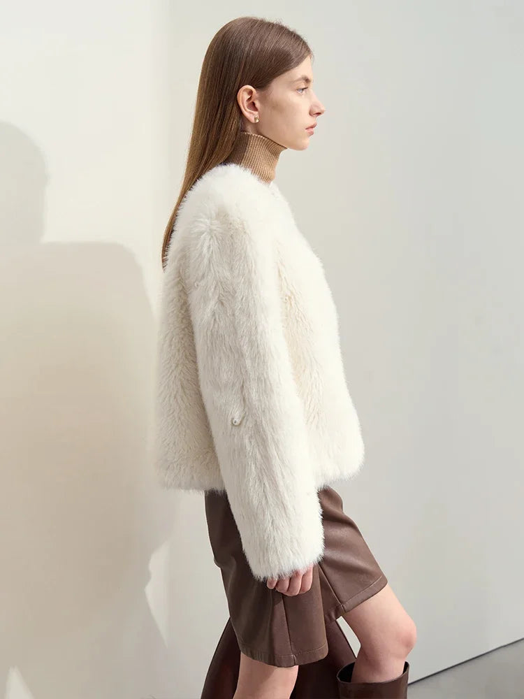 Women's V-Neck Imitation Mink Fur Jacket | Minimalist Winter Commuter