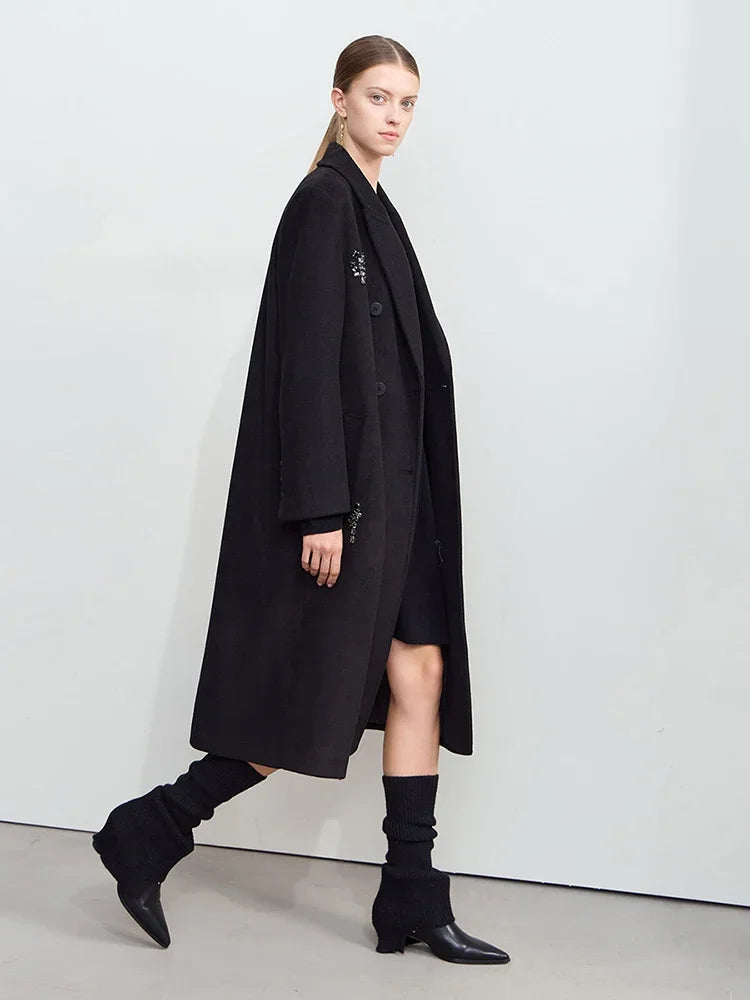 Women's Shoulder Padded Tweed Jacket | Long Embellished Winter Coat